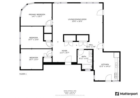 Floor plan for 3 beds, 1 bath, 1177 sqft